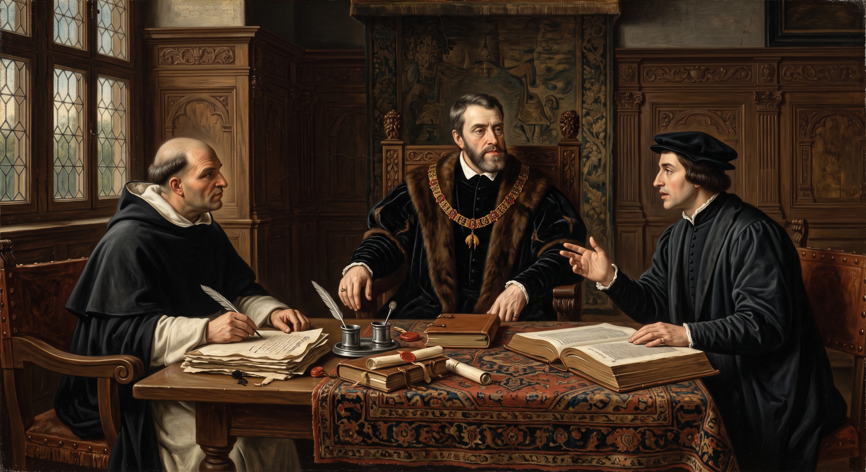Carlo V assiste al dibattito tra Bartolomé de Las Casas e Juan Ginés de Sepúlveda sui diritti dei popoli indigeni. (Gemini)
