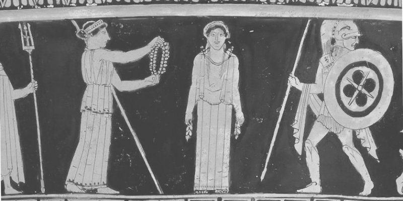 Pandora riceve doni dagli dei (vaso del V secolo AEV - British Museum) [colorized]